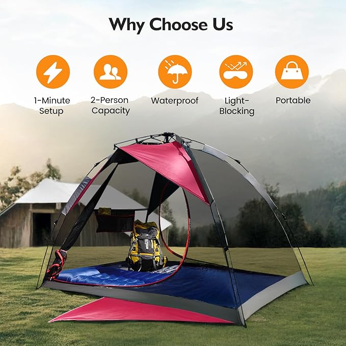 Camping Tent 2 Person, Waterproof & Blackout Double Layer Pop Up Outdoor Tent for Park, Picnic, Travel, Portable and Easy Setup