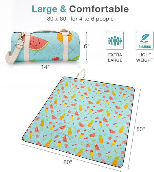 Picnic Blanket Extra Large 79" x 79", Washable Picnic Blankets, Camping Blanket with Portable Handle & Shoulder Strap - SummerFruits