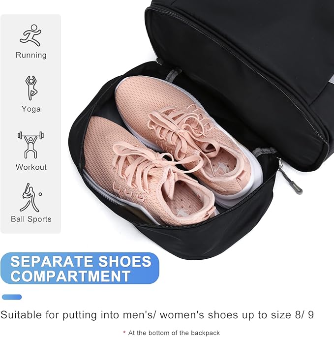 Coofay Gym Backpack for Women - Waterproof With Shoe Compartment, Lightweight Travel and Sports Bag, Large Black