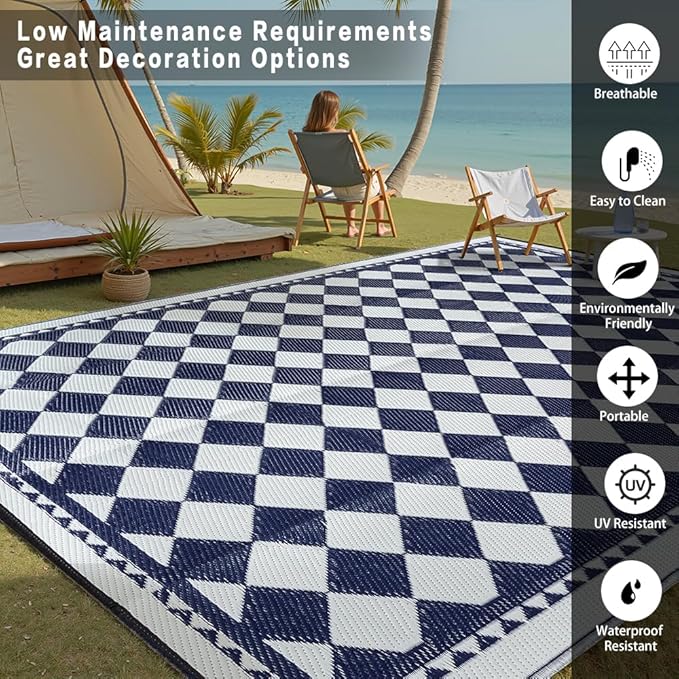 Outdoor Waterproof Rug 8'x10' Plastic Straw Rugs Washable Reversible Floor Mat Blue Plaid Carpet for Camping RV Deck Entryance Porch Picnic Balcony Beach Backyard