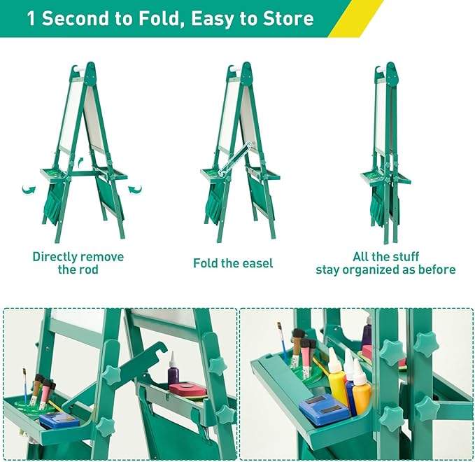 FUNLIO Foldable Anti-Warping Kids Art Easel, 3 Height Adjustable for Kids Aged 3-8, All-in-One Toddler Easel with Paper Roll, Standing Easel with Magnetic Chalkboard/Whiteboard - Green Foldable