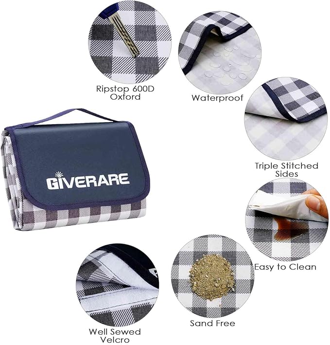 Picnic Beach Blanket Extra Large, XL Sandproof Waterproof Outdoor Camping Blankets 80x60in, Sand Free Oversized Mat, Quick Drying Portable Mats for Travel, Hiking, Music Festival, Lawn-Dark Blue