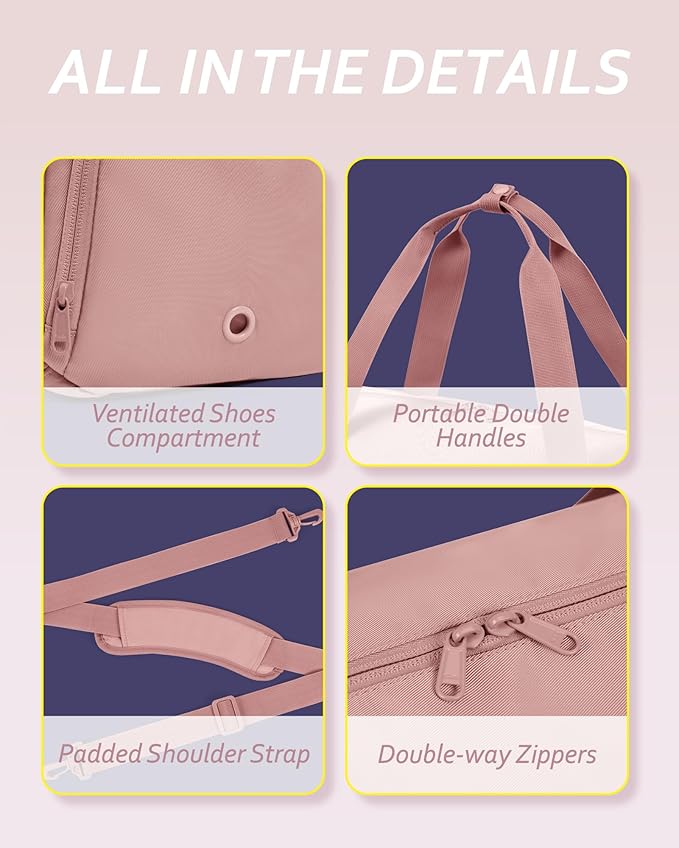 BAGSMART Small Gym Duffel With Shoe Compartment & Wet Pocket, Lightweight Sports Travel Carry On, Weekender Overnight Bag, Water Resistant Tote for Swimming Yoga, Dark Pink