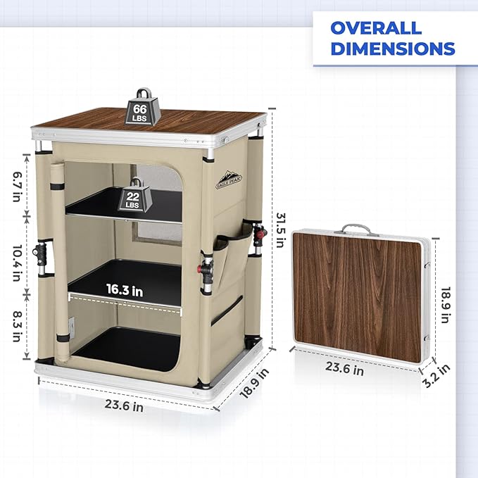 EAGLE PEAK Outdoor Folding Camping Table with Large 3-Tier Storage Organizer and Side Pockets, Easy Set Up Portable Aluminum Camping Kitchen, Beige