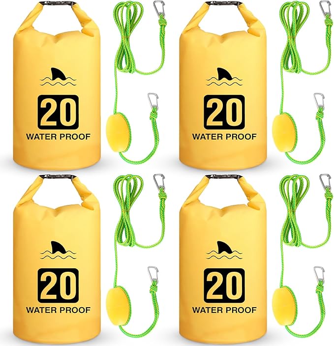 4 Set 2 in 1 Sand Anchor and Buoy Kit Floating Bag Kayak Anchor Waterproof Dry Bag for Lake Beach Boats Watercrafts Hiking Camping Water Sports Surfing Tubing Kayaking(Yellow)