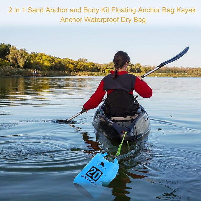2 Set 20L Sand Anchor Heavy Duty Buoy Kit 2 in 1 Kayak Anchor Floating Waterproof Dry Bag with High Visibility Float Rope for Lake Beach Boat Hiking Camping Water Sports Surfing Kayaking(Sky Blue)