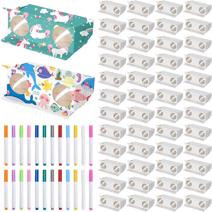 Shappy Cardboard Folding Binoculars with Coloring Markers Paintable Make Your Own Paper Binocular 3x Magnification DIY Art Craft Toys for Boys Girls Birthday Party Supplies Class Activity (100 Pieces)