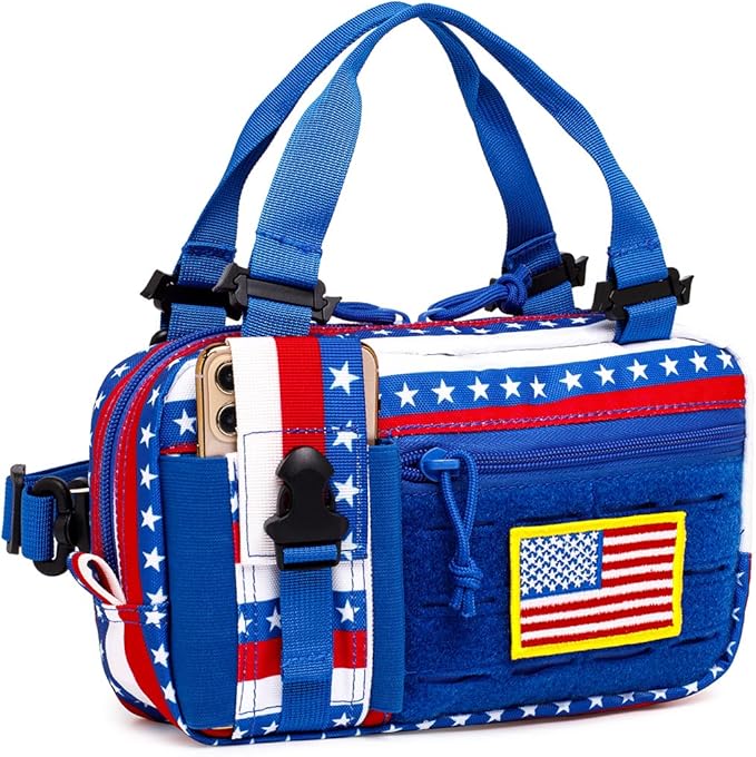 Tactical Molle Admin Pouch of Laser Cut Design,Medical EMT Organizer with Phone Pouch,EDC EMT Pack IFAK Tool Holder with US Patch (Small RedBlueStar-Include Accessories)