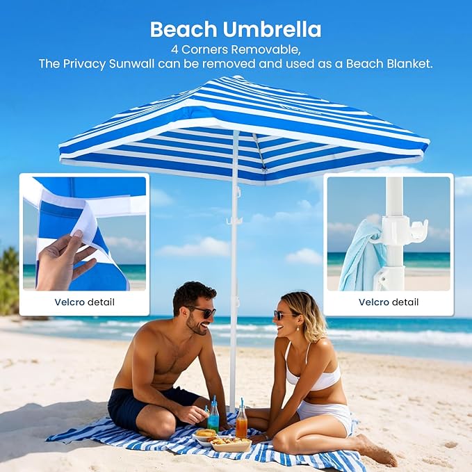 Grandekor UPF 50+ 6'×6' Beach Cabana with Sand Anchor Sidewall Hanging Hook Portable for Family Beach Trips Outdoor Shade Shelte