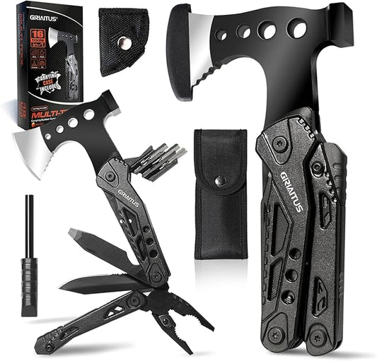 Camping Multitool Accessories Gifts for Men Dad 16 in 1 Upgraded Multi Tool Survival Gear with Axe Hammer Pliers Saw Screwdrivers Bottle Opener Whistle & Portable Sheath For Hiking,Fishing