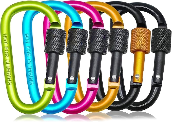 6 Pack Small Locking Carabiner Clips - 3 Inch Aluminum Alloy D-Ring Key Hooks with Twist Lock, Secure for Keys, Pet Leash, Travel Accessories (Not for Climbing)