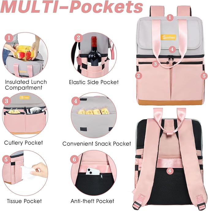 Backpack Cooler with Double Decker & 12 Ice Packs- Keeps 36 Cans Cold for Up to 24 Hours- Waterproof & Leak Proof Insulated Cooler Backpack- Stylish Cooler Bookbag for Women Travel Work Beach