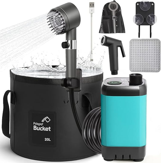 Rechargeable Camping Shower Pump, 9000mAh Portable Shower for Camping, 4 Sprayer Modes Electric Outdoor Shower Head IPX7 Waterproof USB Battery Powered Kit with 5 Gallon Bucket&Foot Pad