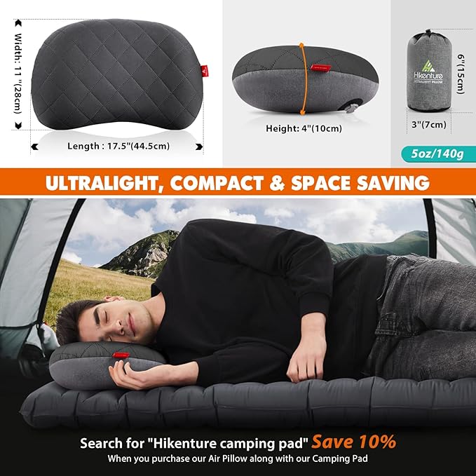 Hikenture Inflatable Pillow for Camping, Washable Backpacking Pillow for Sleeping, Ultralight Blow Up Pillows with Removable Cover, Portable&Compact Hiking Pillow for Beach, Travel, Outdoor(Grey)