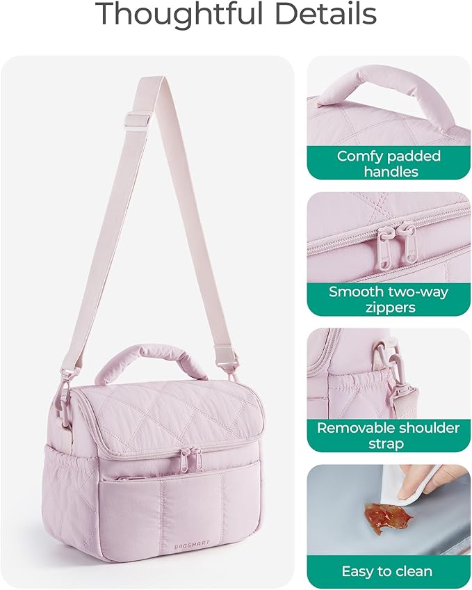 BAGSMART Insulated Lunch Bags for Women, Cute Quilted Lunch Box, Lightweight Puffy Padded Waterproof Lunch Tote, Reusable Lunch Cooler for Work Picnic Travel, Pink