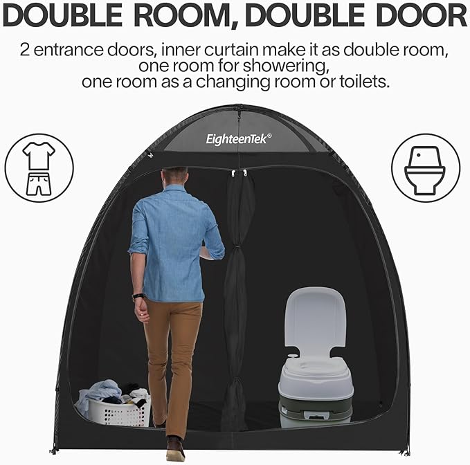EighteenTek Shower Tent Camping, 2-Room Portable Changing Room, Outdoor Shower Enclosure, Pop Up Privacy Tent Shelter with Floor & Doors, Changing Tent, Camping Toilet, Bathroom