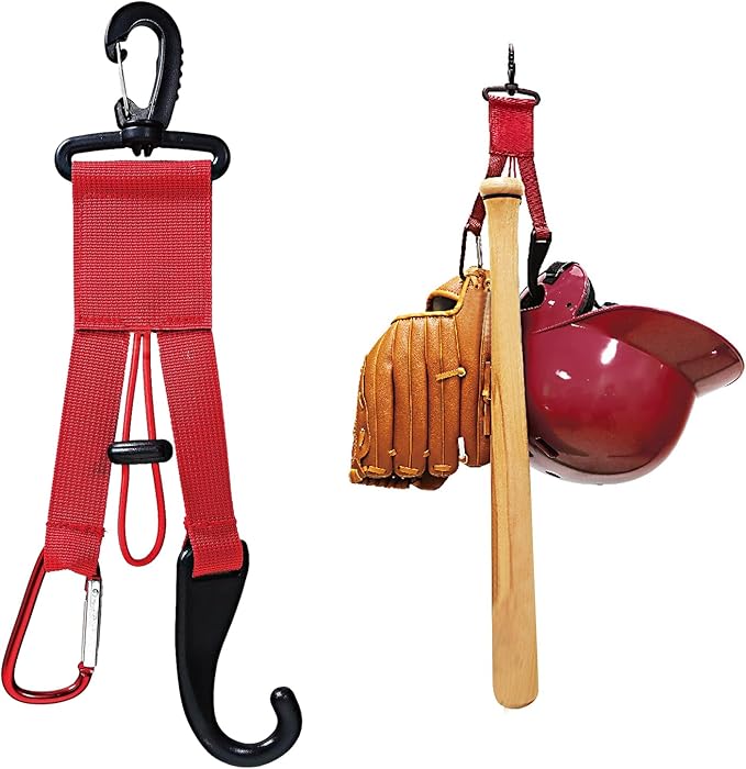 Baseball Softball Gear Hanger Dugout Organizer -Multipurpose Hanging Buckle Metal Hangers for Hold Outdoor Sports Equipment, Camping, Gloves, Helmets, Bats, Water Bottle Holder (Red)