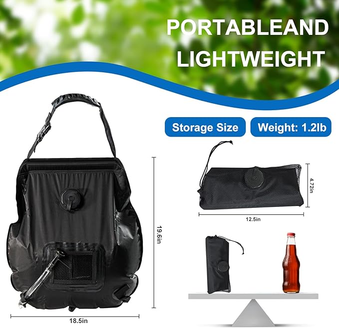 Camping Shower Bag, Solar Shower Bag 5-Gallon with Detachable Hose, Retractable Head Switch - Portable Shower for Camping Suitable for Camping, Hiking, Travel, Beach Swimming