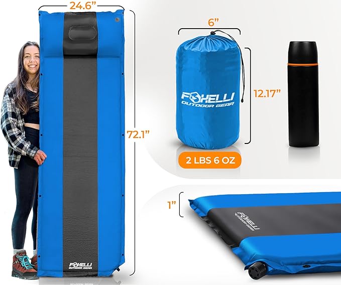 Foxelli Self Inflating Sleeping Pad for Camping, Backpacking, Hiking, Insulated Foam Lightweight Camping Mat, Inflatable Camp Mattress with Pillow