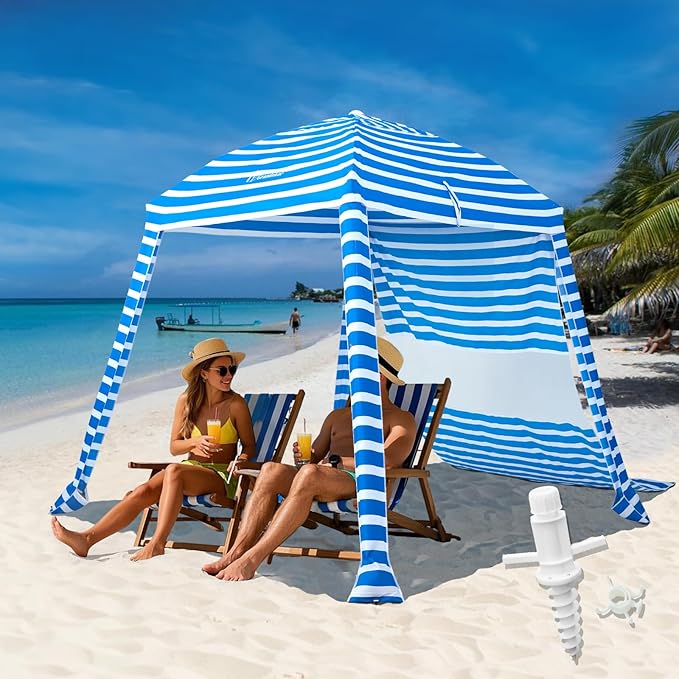 Grandekor UPF 50+ 6'×6' Beach Cabana with Sand Anchor Sidewall Hanging Hook Portable for Family Beach Trips Outdoor Shade Shelte
