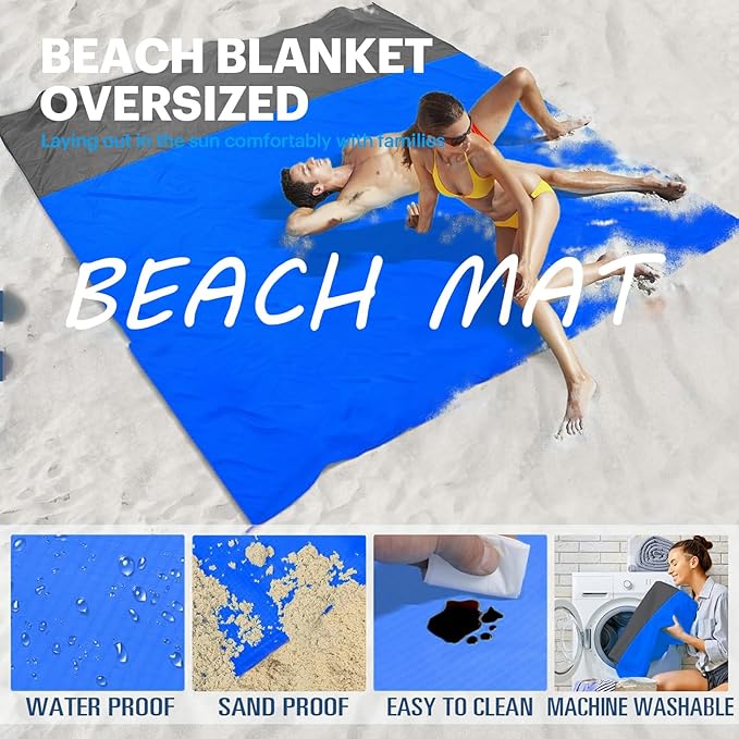 Beach Blanket Sandproof Waterproof, Beach Essentials Extra Large Beach Mat, 79" X 55" Oversized Durable Outdoor Picnic Mat Storage Bag for 1-4 Adults, Beach Accessories for Travel, Camping, Hiking