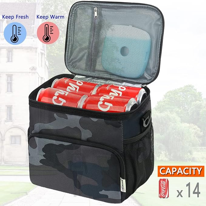 Insulated Reusable Lunch Bag Adult Large Lunch Box for Women and Men with Adjustable Shoulder Strap,Front Zipper Pocket and Dual Large Mesh Side Pockets,Black Camo