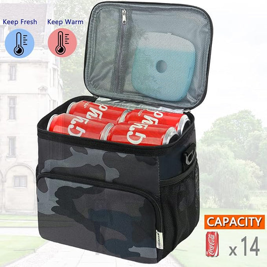 Insulated Reusable Lunch Bag Adult Large Lunch Box for Women and Men with Adjustable Shoulder Strap,Front Zipper Pocket and Dual Large Mesh Side Pockets,Black Camo