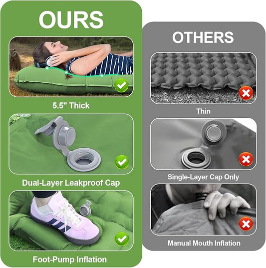 Camping Sleeping Pad,5.5" Extra Thick Inflatable Sleeping Pads with Pillow Built-in Foot Pump Sleeping Mat Compact for Camping, Backpacking, Hiking,Traveling Tent