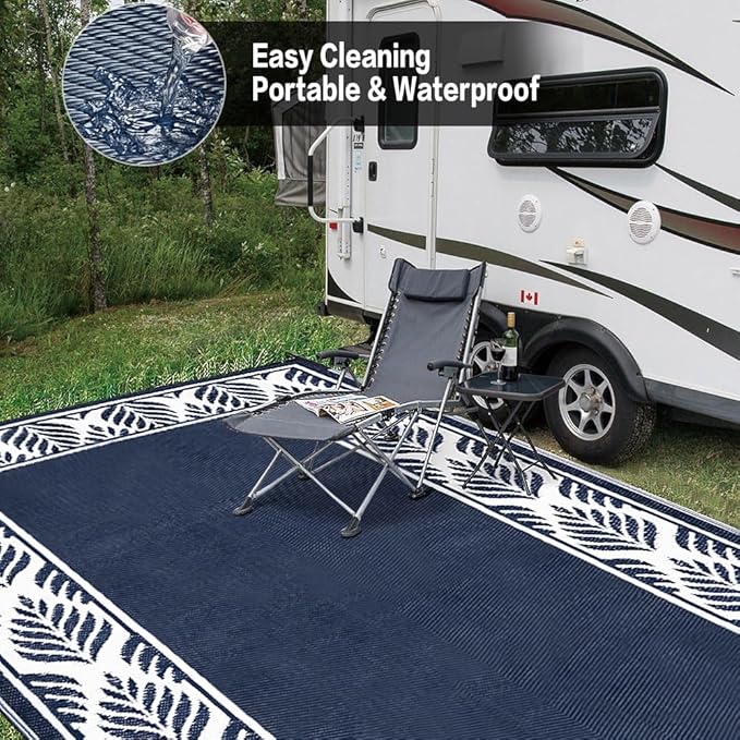 Outdoor Plastic Straw Rug, Waterproof Mat, Washable Large Floor Mat and Rug for Outdoors, RV, Beach, Patio, Camping, Backyard, Deck, Picnic,Indoor Outside (8x10ft,Olive-Leaf/Dark Blue&White)