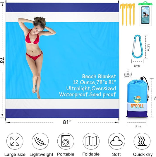 BYDOLL Beach Blanket 78''X81'' 4-7 Adults Oversized Lightweight Waterproof Sandproof Blanket for Beach Large Picnic Mat Travel Camping