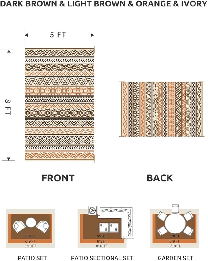 MontVoo Outdoor Rug Carpet Waterproof-Patio Rug Mat 5x8 Reversible RV Camping Rug Picnic Mat Plastic Straw Outside Rug for Balcony Porch Deck Beach-Boho Outdoor Area Rug for Patio Decor Colorful