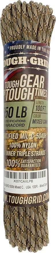 TOUGH-GRID Premium Mixed Camo Paracord 550 lbs Made in USA Outdoor Survival Nylon Rope Tactical Heavy Duty Strands Parachute Cord Used by US Military Type III Mil-Spec