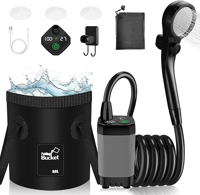 Portable Shower, Portable Shower for Camping with 5 Gallon Collapsible Bucket, 6000mAH Camping Shower with Smart LED Display, Multiple Spray Patterns for Outdoor Camping, Hiking, Pet Bathing