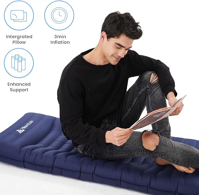 Hikenture Camping Mattress Ultra-Thick 5 Inch,Ergonomic Sleeping Pad with Pillow,Backpacking Sleeping Mat,Ultralight,Inflatable &Compact Camp Air Mattress for Tent,Cot,Hammock(1100-B)