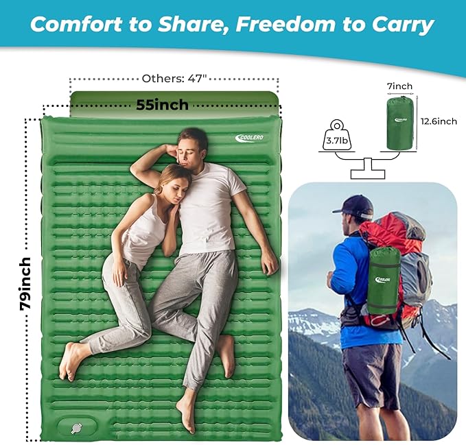 Double Sleeping Pad for Camping, 5" Ultra-Thick Inflatable Mat with Built-in Foot Pump, 2-Person Ultralight Camping Mat with Pillow, Insulated Sleeping Mat for Backpacking, Hiking, Tent Use
