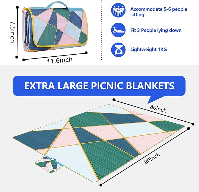 Picnic Blanket, Foldable Waterproof Sand Mat,80" x 80" Extra Large Picnic Blanket,Outdoor Mat Beach Blanket for Camping Hiking Travel Family Concerts