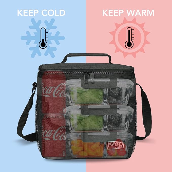 Tirrinia Large Insulated Lunch Bag for Women Men, 10L Leakproof Thermal Reusable Lunch Box for Adult, Tall Meal Prep Lunch Cooler Tote with 4 Pockets for Office Work, Black