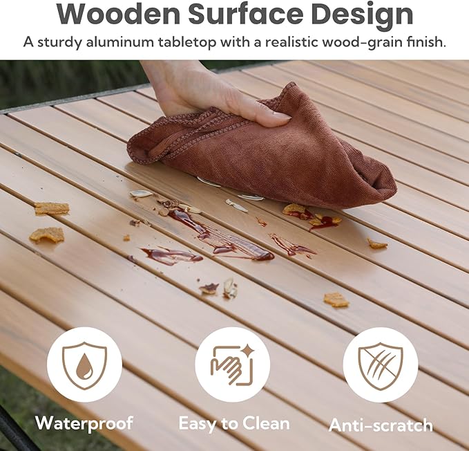 Portable Outdoor Camping Table Large for 2-6 Person - Foldable Camp Table with Aluminum Roll-Up Top & Carry Bag for BBQ, Tailgating, Backyard, 220 Lbs Capacity, Stable & Sturdy (Natural)