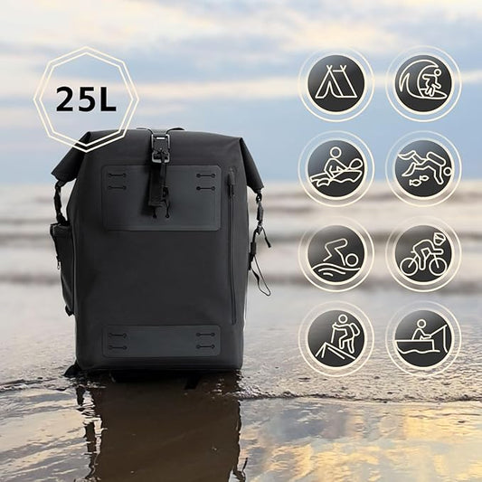Black Waterproof Backpack 25L - 600D TPU Durable IPX8 Large Dry Bag for Kayaking, Hiking Backpack With Roll-Top Closure, Floating Waterproof Dry Backpack for Travel Outdoors, Hiking, Fishing