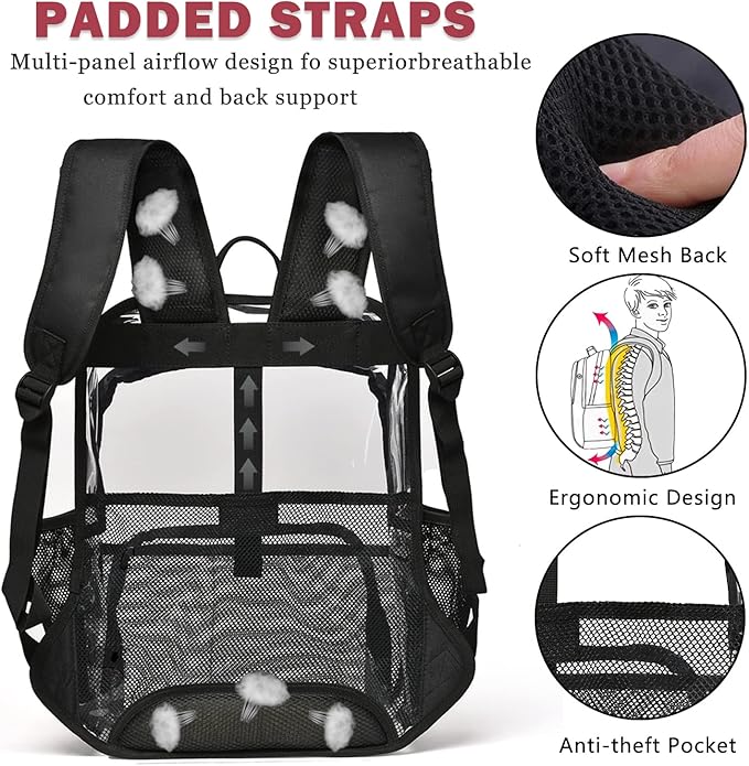 Clear Backpack, 15'' Clear Backpacks for School Heavy Duty See Through Bookbag Multi-pocket PVC Backpack for Men Women, Purple