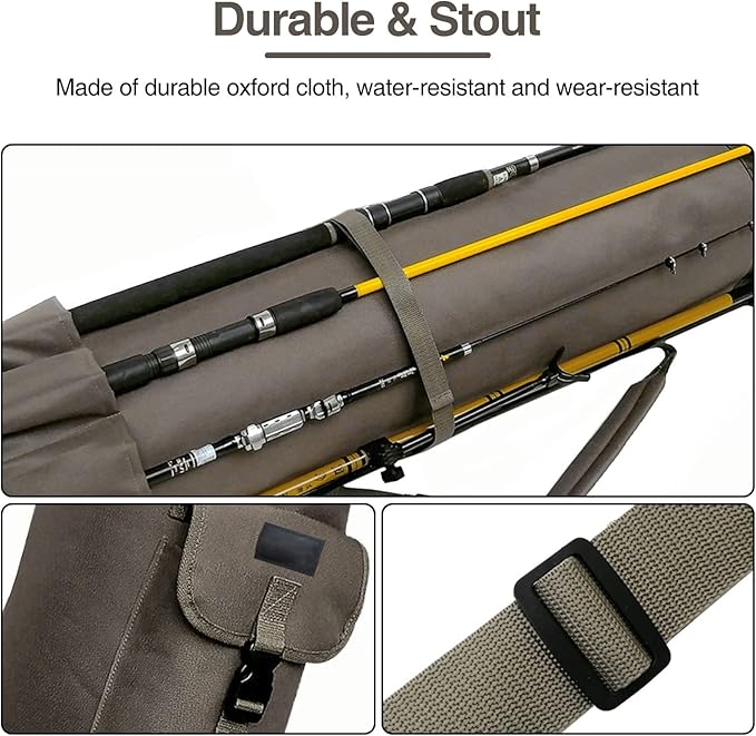 DONQL Fishing Rod Bags Outdoor Fishing Pole Holders Multifunction Camping Portable Canvas Backpack Case Fish Rod Storage Bag Fishing Rod Case Holding 5 Poles & Fishing Tackles (Khaki)