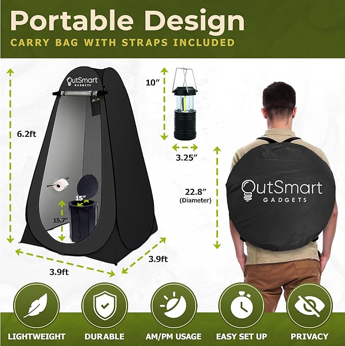 Outdoor Portable Toilet Set for Adults with Camping Night Lantern, Folding XL Toilet, Pop Up Privacy Tent and Carry Bags, Multipurpose Potty, Washable and Foldable for RV Travel
