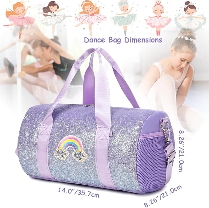 Ballet Dance Bag for Girls Shiny Rainbow Glitter Sports Duffle Bags for Girls Ballerina Duffle with Waterproof Dry Wet Separated Compartment