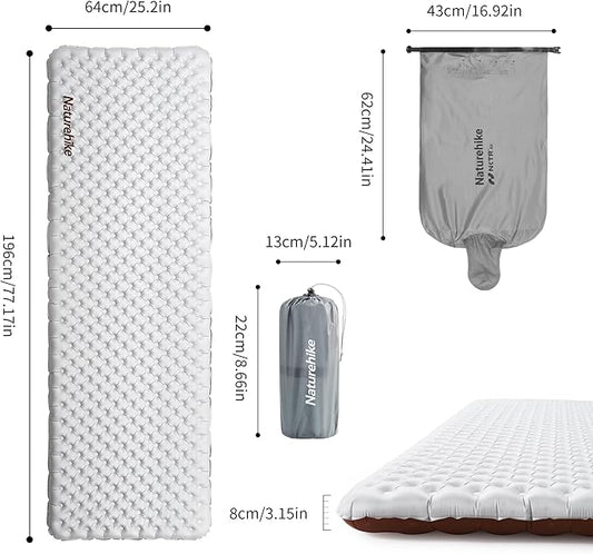 Naturehike Ultralight Insulated Sleeping Pad with R5.8, 3.2in Thickened Patchworkable Inflatable Double Sleeping Mat for Camping, Hiking, Climbing with Inflatable Bag (Silver-Rectangular-Large)