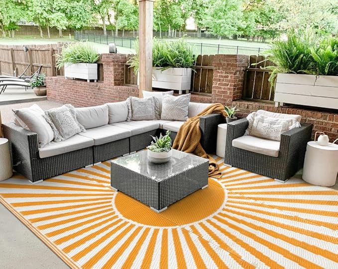 Wonnitar 9x12 Waterproof Outdoor Rug - Outdoor Plastic Straw Rug for Patio Clearance, Outside Extra Large RV Camping Carpet, Portable Deck Mat for Garden Balcony Beach (Orange, 9'x12')