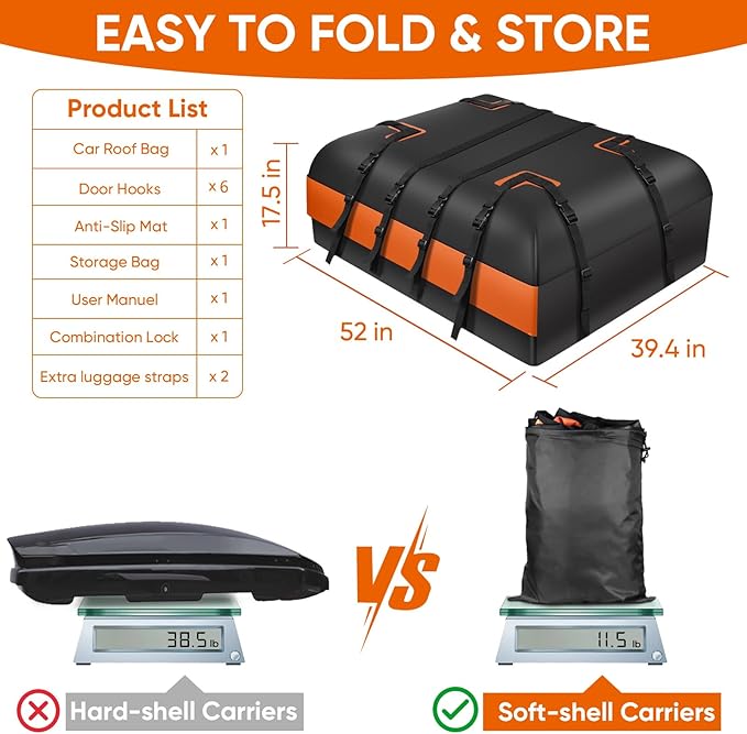 Car Rooftop Waterproof Bag,20 Cubic Feet Large Capacity Waterproof Car Rooftop Cargo Carrier Roof Bag for All Vehicle with/Without Racks-Anti-Slip Mat,10 Straps,6 Door Hooks,Luggage Lock