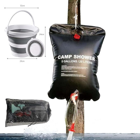 Portable Shower for Camping, Outdoor Camping Shower Bag 5 Gallon/20L, Waterproof Shower Bag with Collapsible Water Bucket, Shower Kit for Hiking, Car Travel, Picnic, Climb, Beach Trips