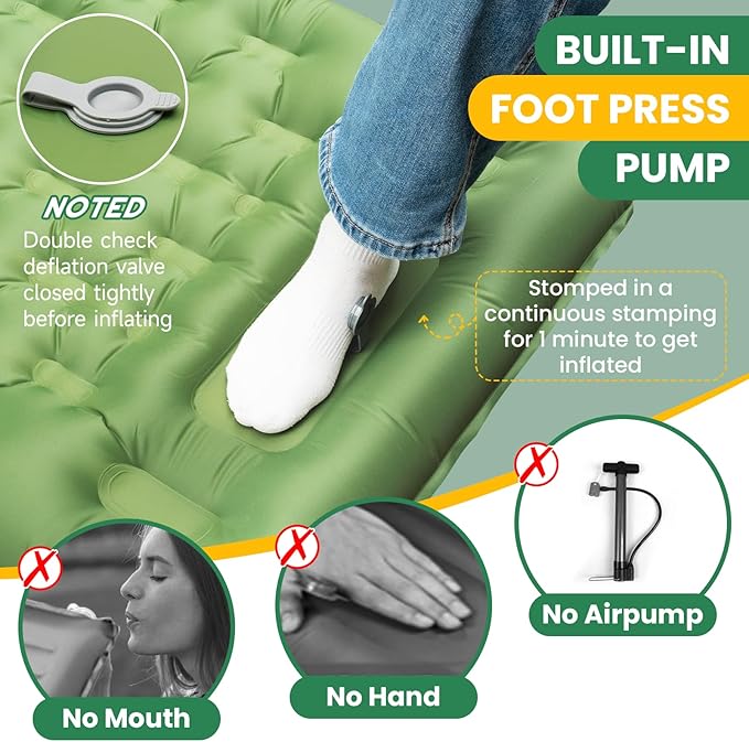 iNeibo Camping Sleeping Pad, Ultralight Inflating Mattress With Pillow & Foot Pump, Ultra-Thick Enhanced Support for Hiking, Backpacking, Tent, Car Traveling