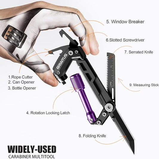 Carabiner Multitool with Pocket Knives, EDC Carabiners, Serrated Knife, Rope Cutter, Screwdriver, Can Bottle Opener, Ruler, Folding Knife for Camping Hiking, Gifts for Men (Purple)