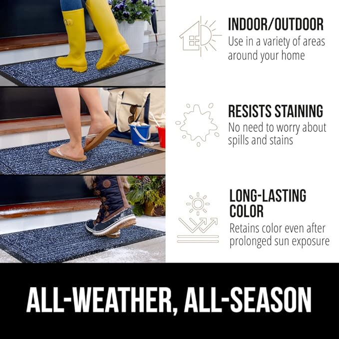 GORILLA GRIP 100% Waterproof All-Season WeatherMax Doormat, Durable Natural Rubber, Stain and Fade Resistant, Low Profile, Indoor Outdoor Door Mats, Easy Clean Entrance Mat, 17x29, Navy Greek Keys